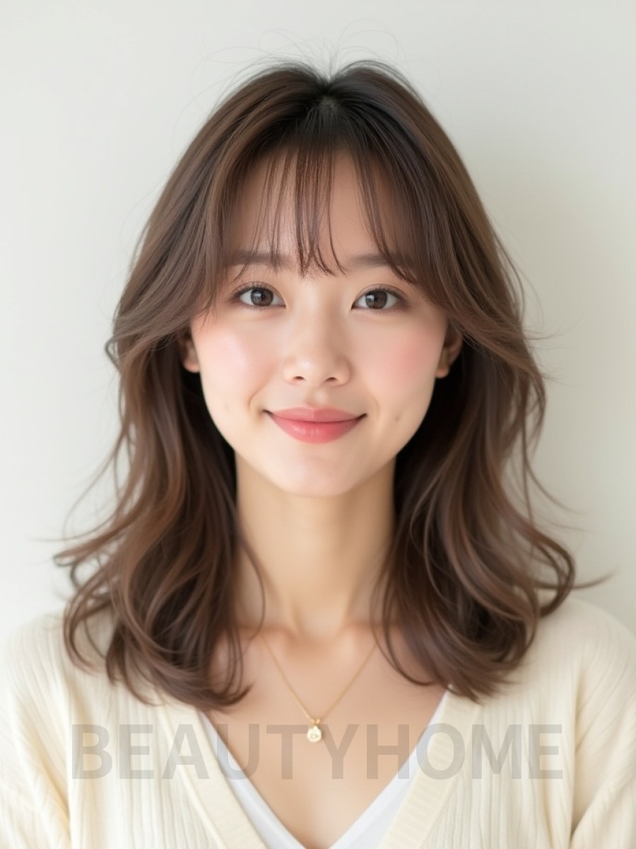 그레ige 브라운 미디엄 레이어+시스루뱅
