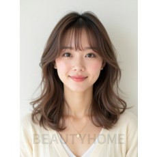 그레ige 브라운 미디엄 레이어+시스루뱅