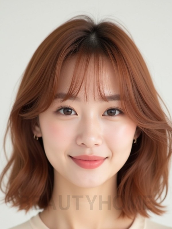 베이지 브라운 턱밑 그라데이션 단발+사이드뱅