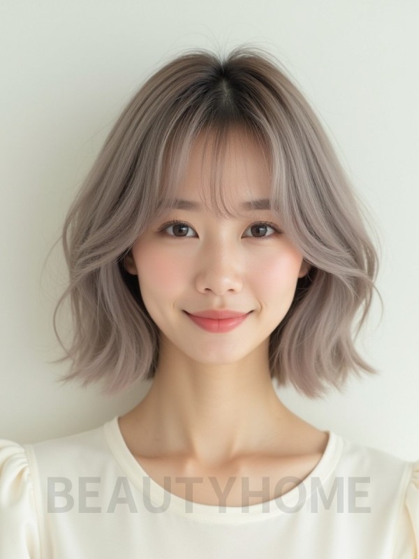 애쉬 브라운 턱선 웨이브 단발+시스루뱅