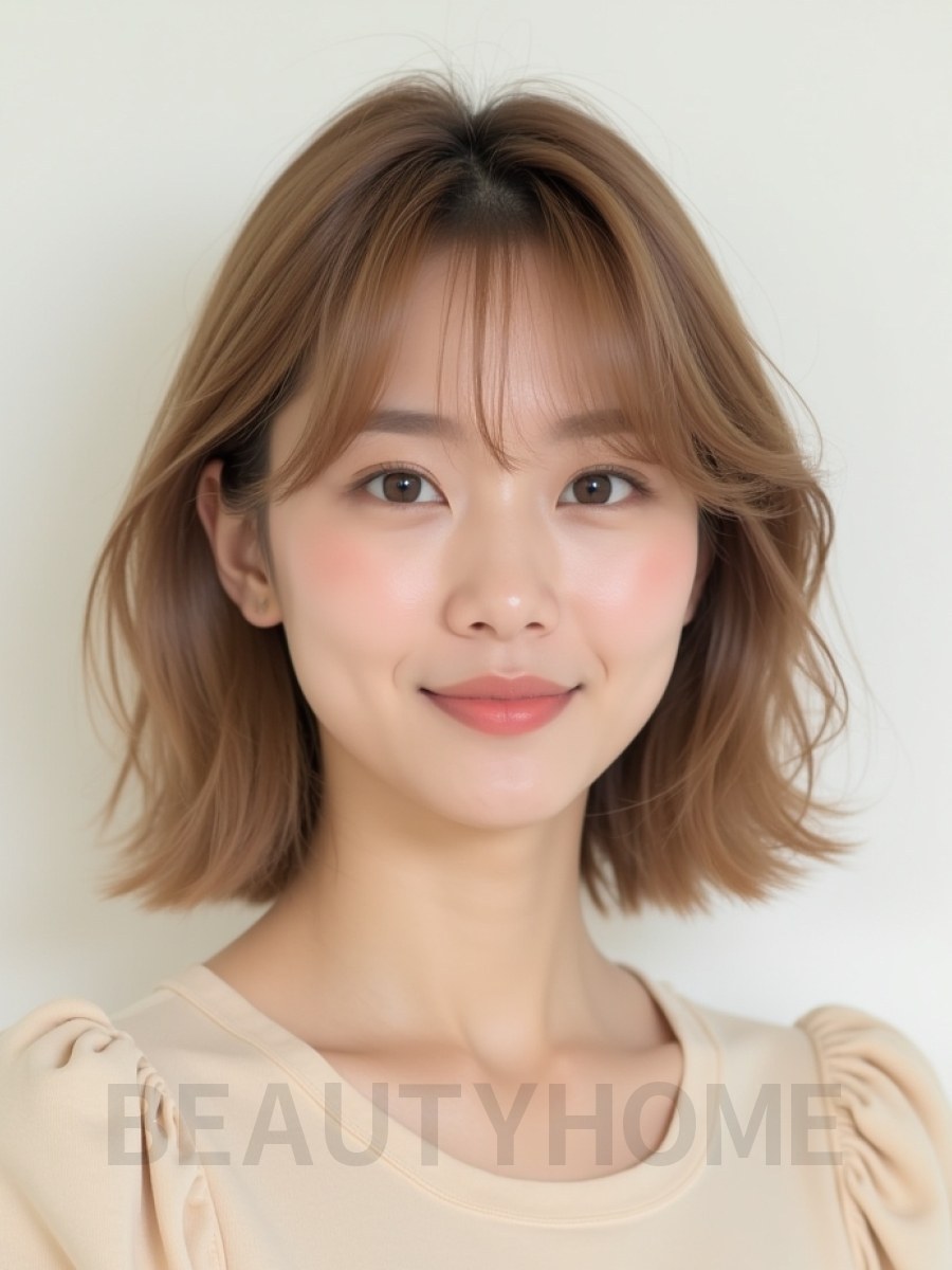 베이지 브라운 쇄골 비대칭 단발+뱅