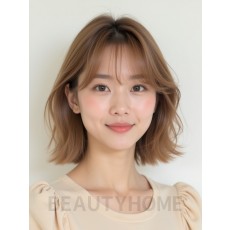 베이지 브라운 쇄골 비대칭 단발+뱅