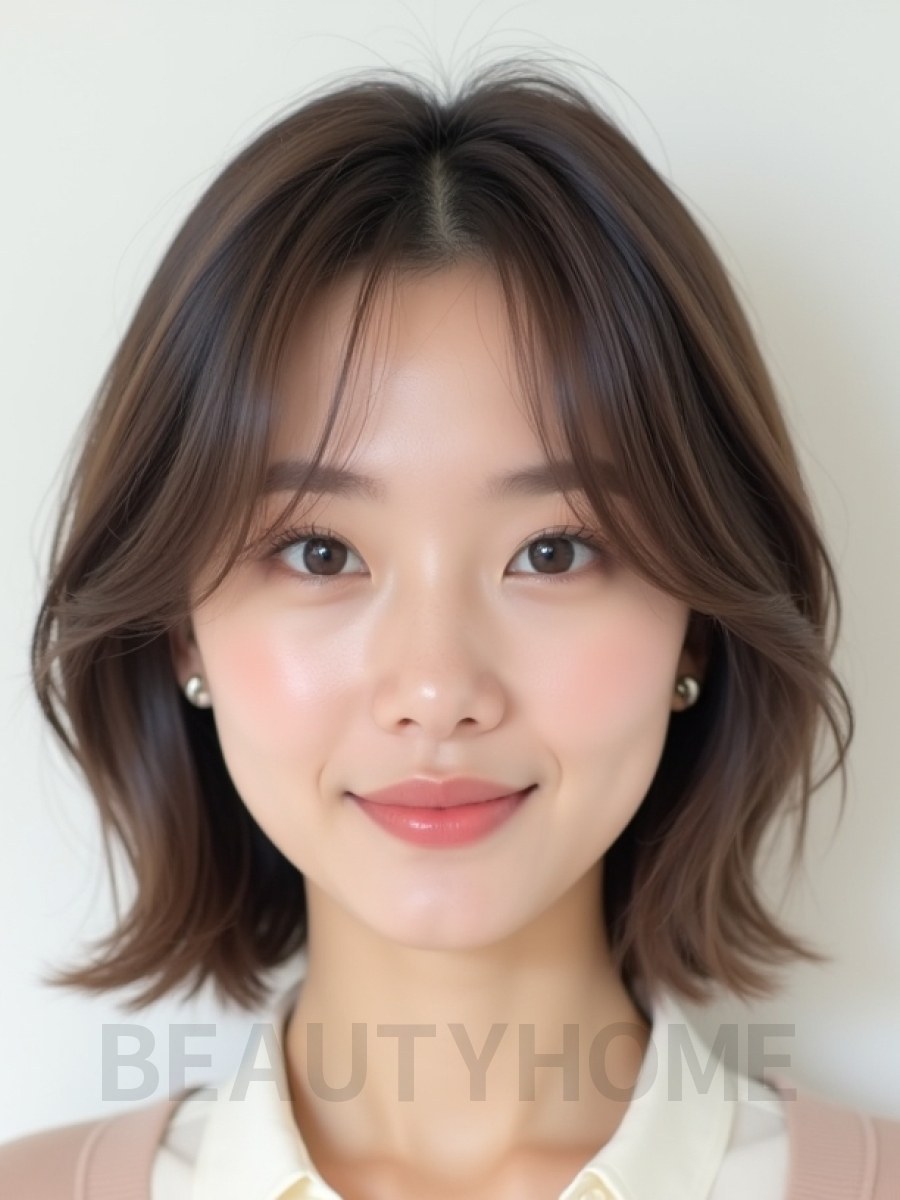 애쉬 브라운 턱밑 비대칭 단발+사이드뱅