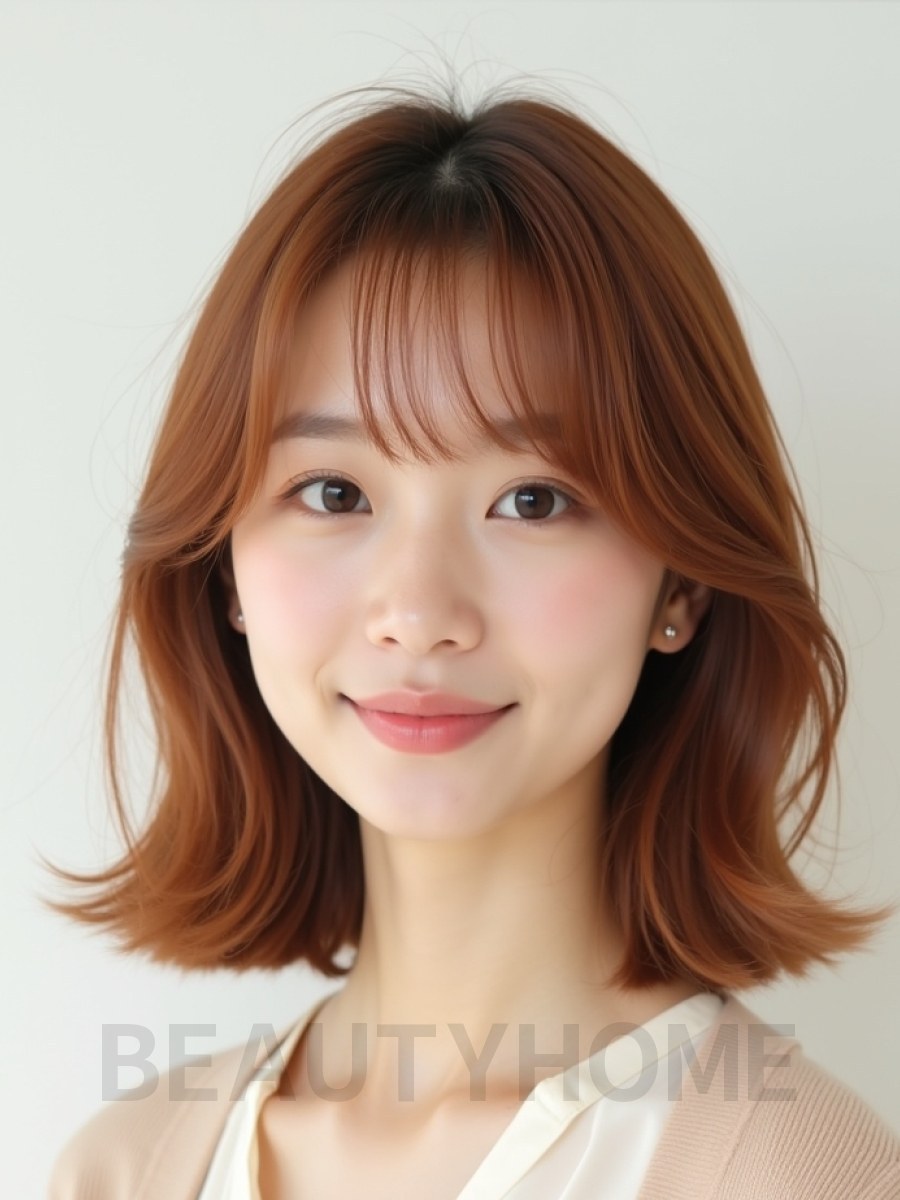 베이지 브라운 어깨 비대칭 단발+시스루뱅