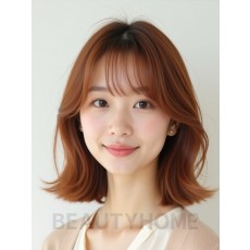 베이지 브라운 어깨 비대칭 단발+시스루뱅