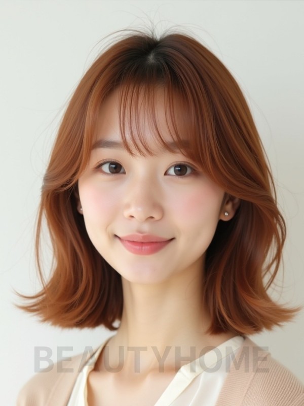 베이지 브라운 어깨 비대칭 단발+시스루뱅