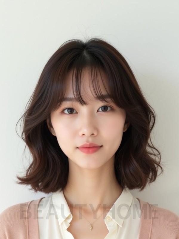 초콜릿 브라운 턱선 컬 단발+뱅