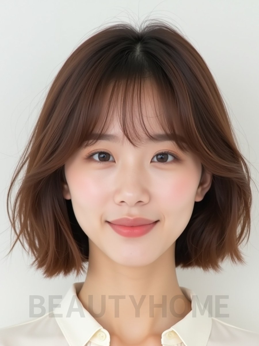 베이지 브라운 턱밑 레이어드 단발+뱅