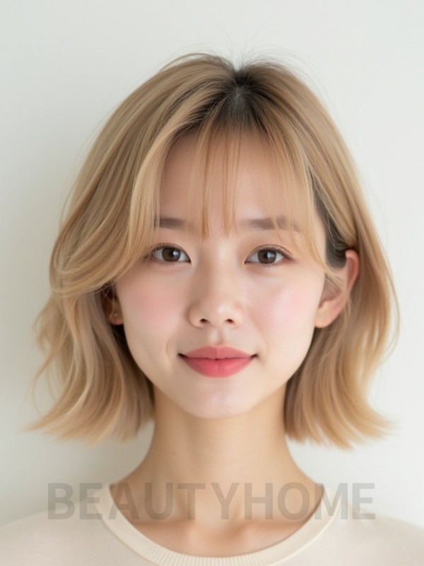 샌드 블론드 턱선 비대칭 단발+풀뱅