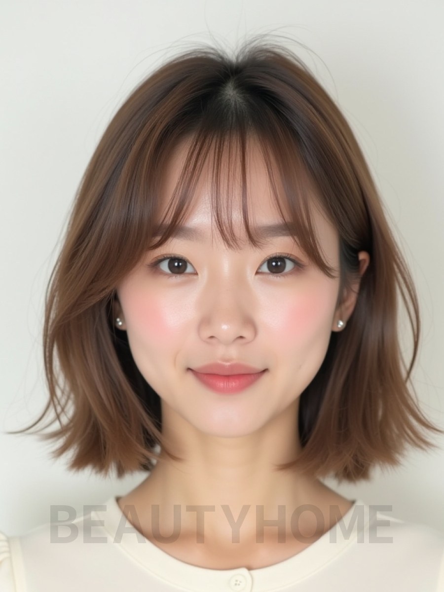 그레ige 브라운 턱밑 스트레이트 단발+뱅