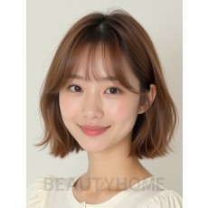 베이지 브라운 턱밑 인버티드 단발+커튼뱅