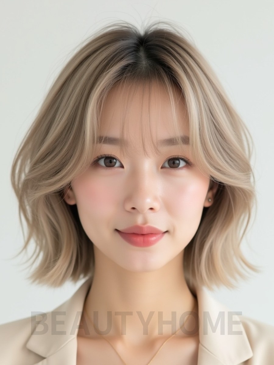 애쉬 베이지 귀밑 스트레이트 단발+시스루뱅
