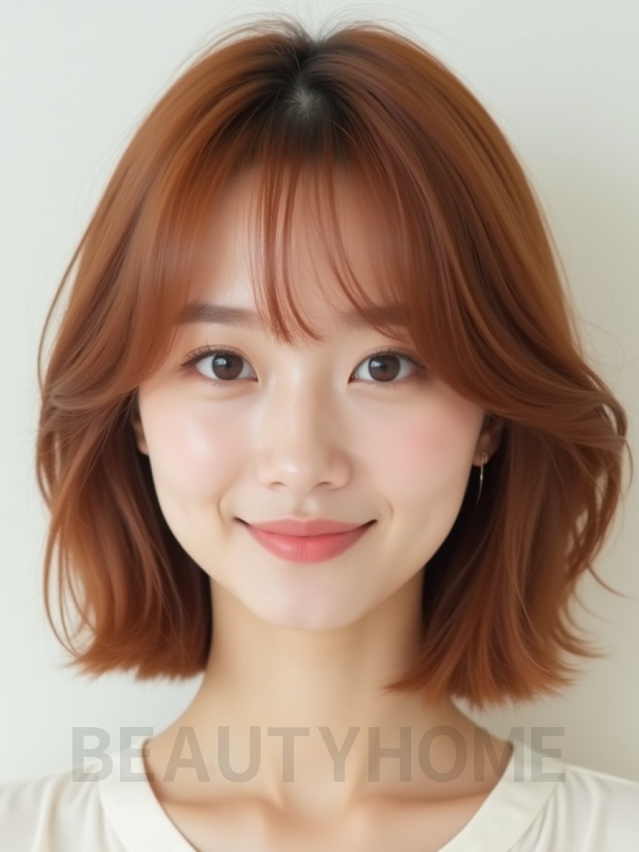 베이지 브라운 턱밑 스트레이트 단발+시스루뱅