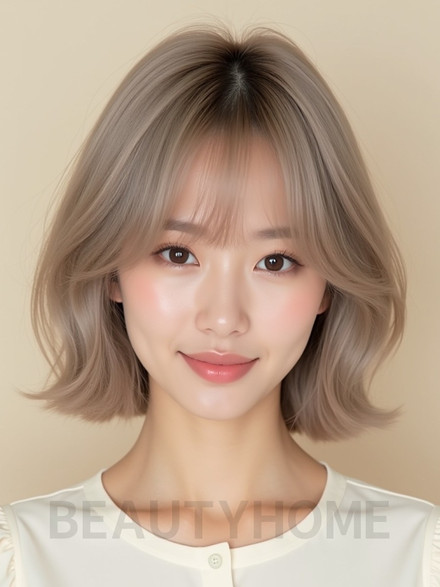 애쉬 베이지 턱선 스트레이트 단발+커튼뱅