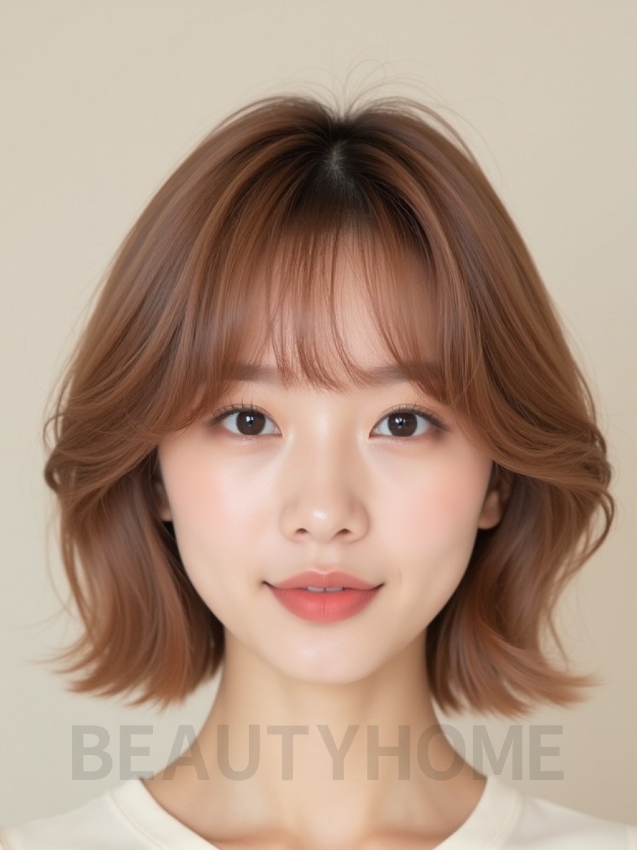 로즈 브라운 귀밑 비대칭 단발+뱅