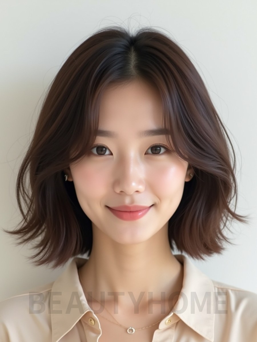 초콜릿 브라운 귀밑 비대칭 단발