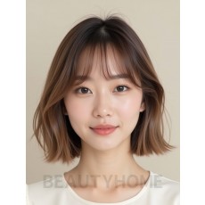 밀크티 브라운 턱밑 블런트 단발+커튼뱅