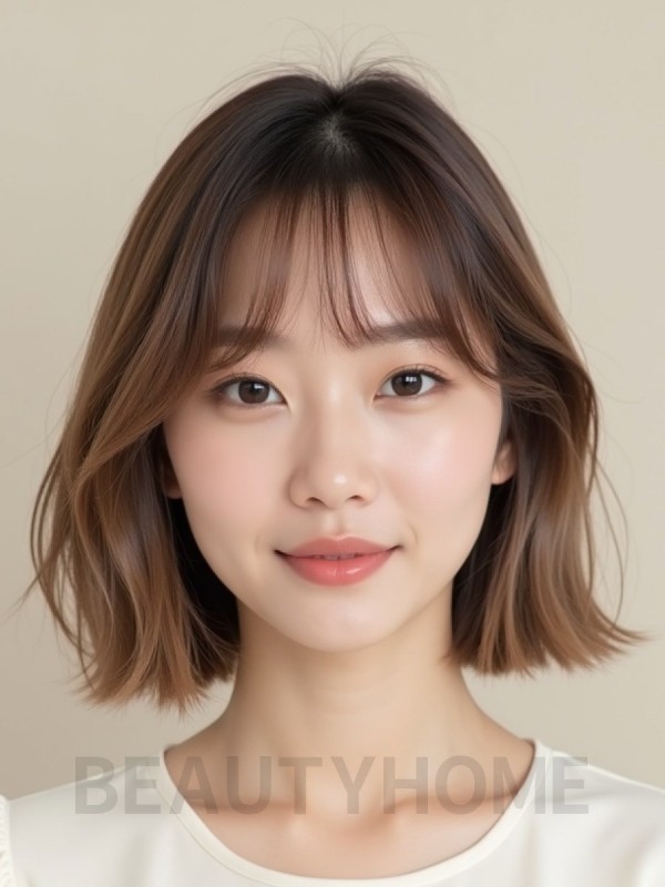 밀크티 브라운 턱밑 블런트 단발+커튼뱅