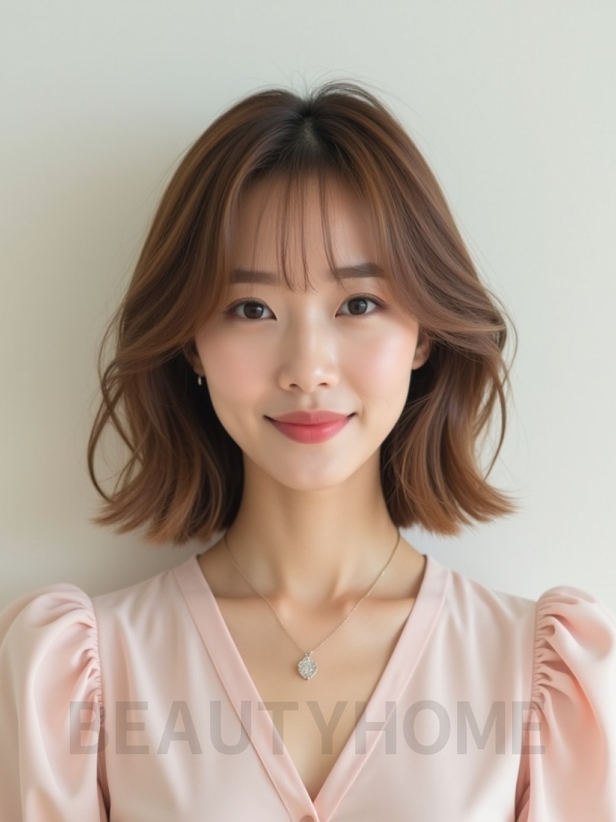 애쉬 베이지 어깨 텍스처 단발+사이드뱅