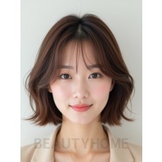 베이지 브라운 턱밑 텍스처 단발+시스루뱅