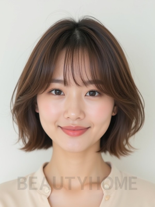 그레ige 브라운 쇄골 스택 단발+뱅