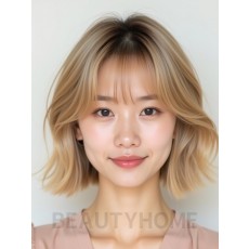 샌드 블론드 귀밑 블런트 단발+시스루뱅