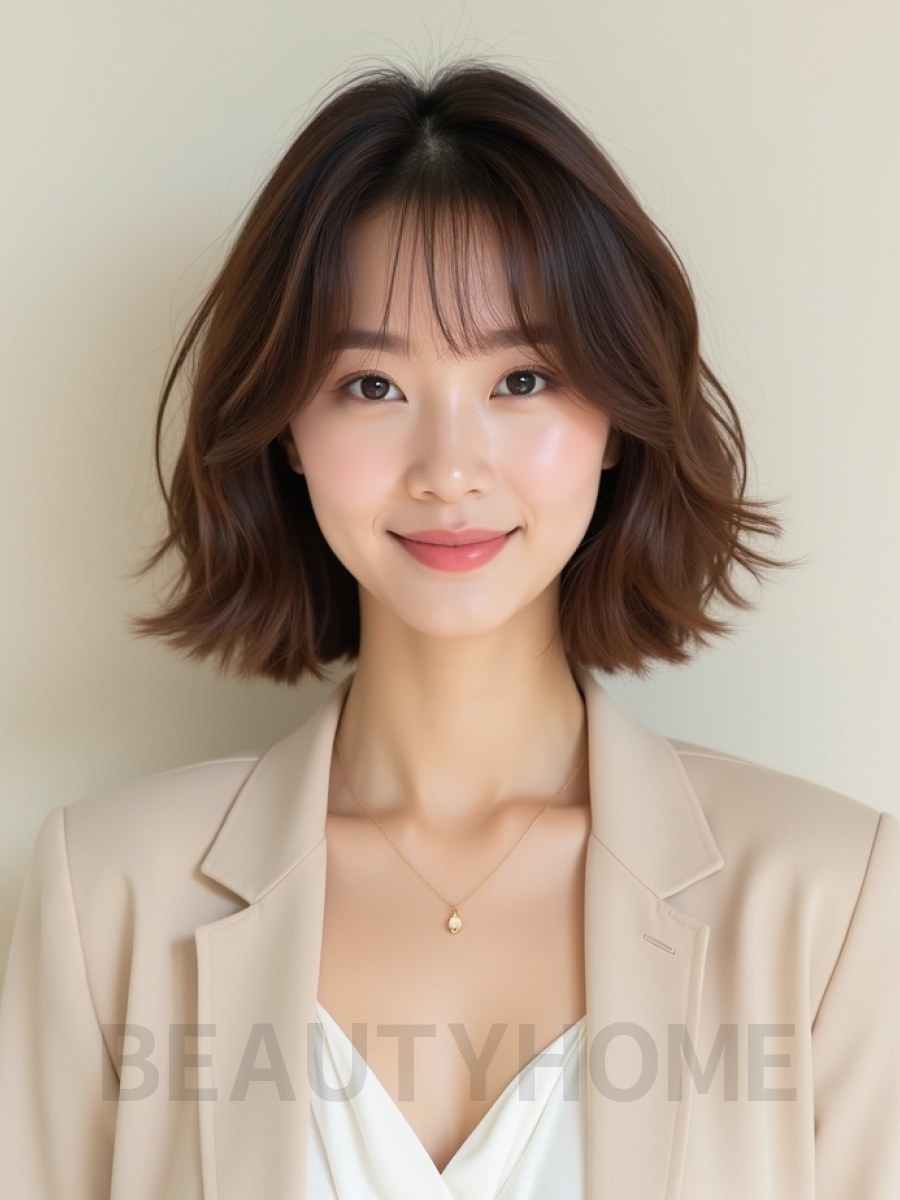 베이지 브라운 어깨 컬 단발+뱅