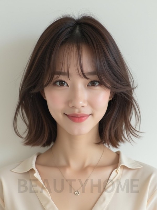 애쉬 브라운 턱선 비대칭 단발+시스루뱅