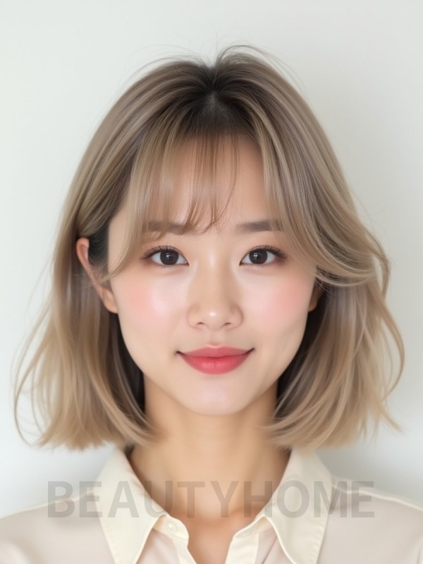 애쉬 베이지 어깨 그라데이션 단발+커튼뱅