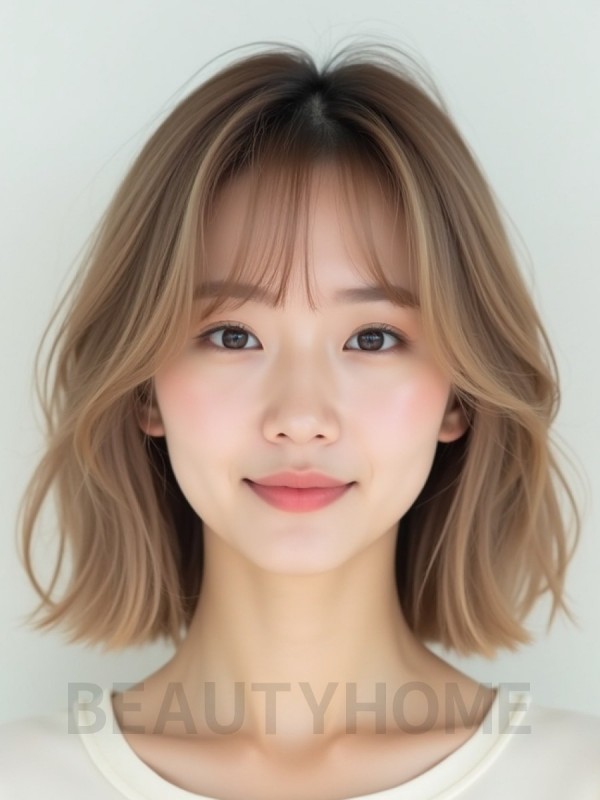 베이지 브라운 턱밑 스트레이트 단발+사이드뱅