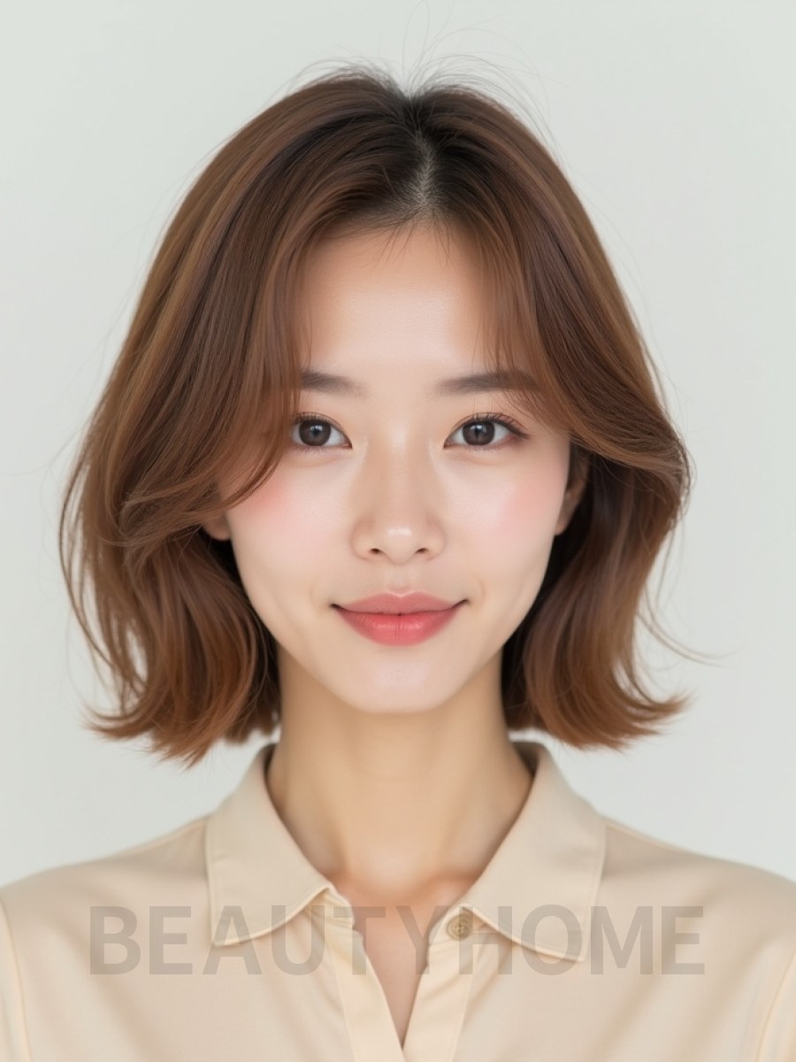 베이지 브라운 어깨 비대칭 단발+사이드뱅