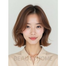 베이지 브라운 어깨 비대칭 단발+사이드뱅