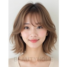베이지 브라운 턱선 웨이브 단발+뱅