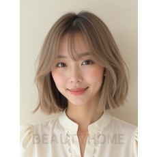 베이지 브라운 쇄골 스트레이트 단발+사이드뱅