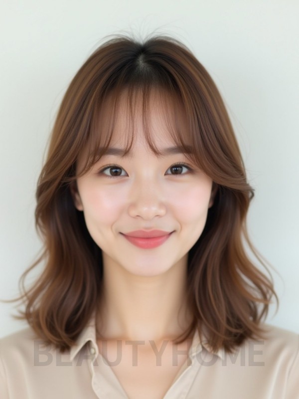베이지 브라운 쇄골 웨이브+풀뱅