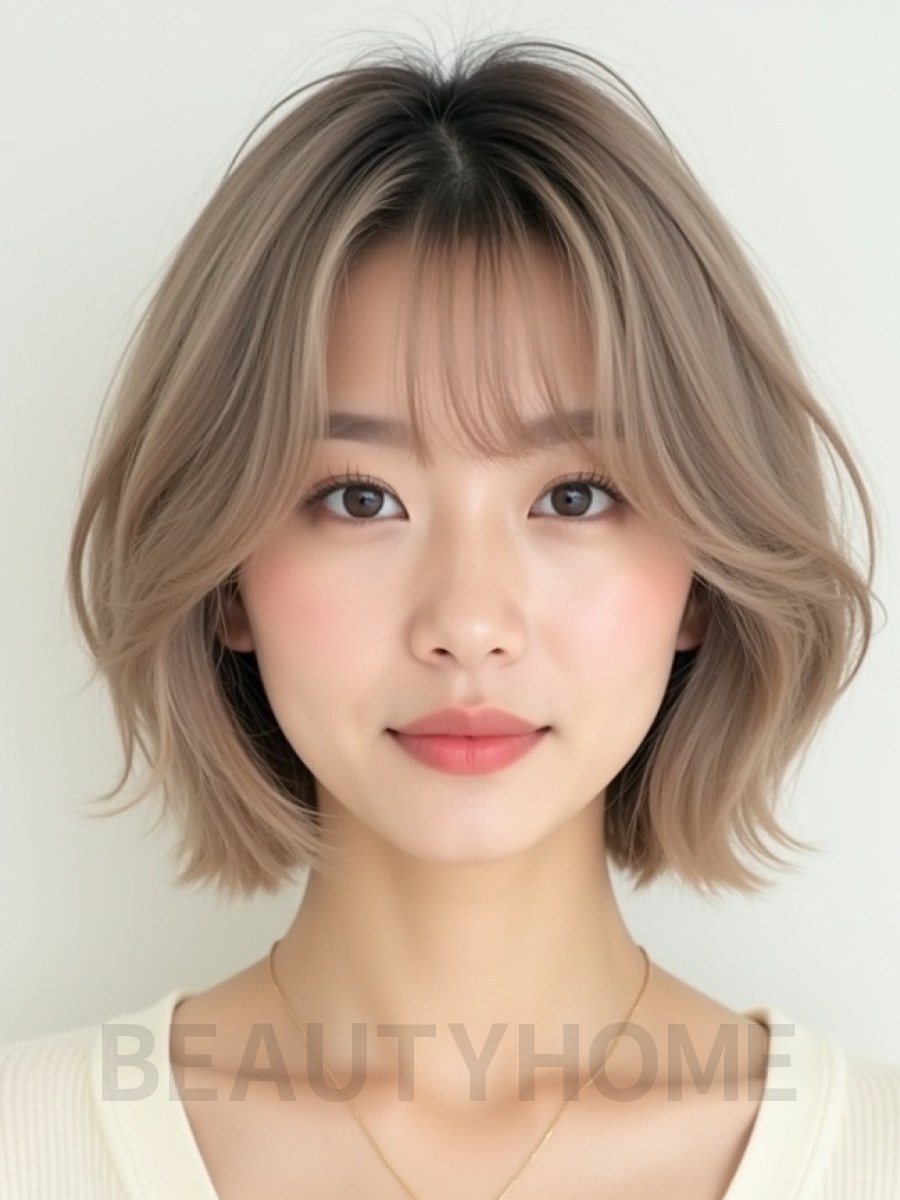 애쉬 베이지 턱선 텍스처 단발+뱅