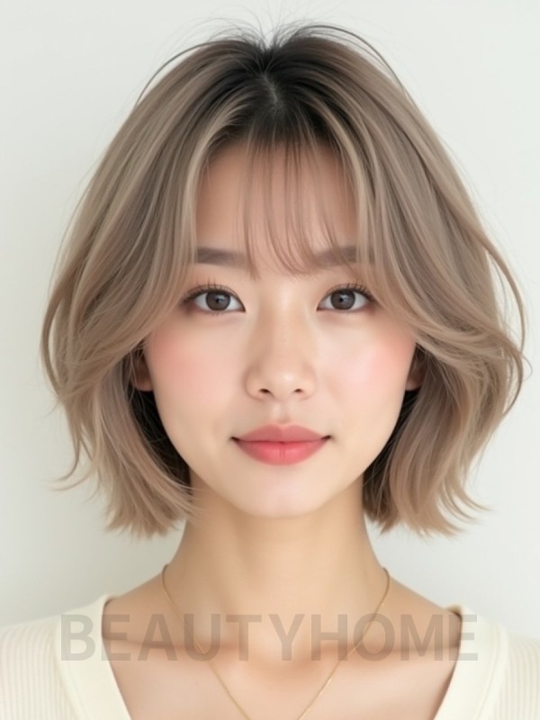 애쉬 베이지 턱선 텍스처 단발+뱅