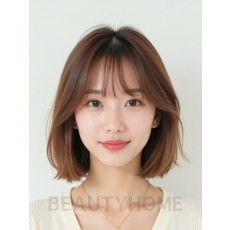 베이지 브라운 턱선 스트레이트 단발+시스루뱅