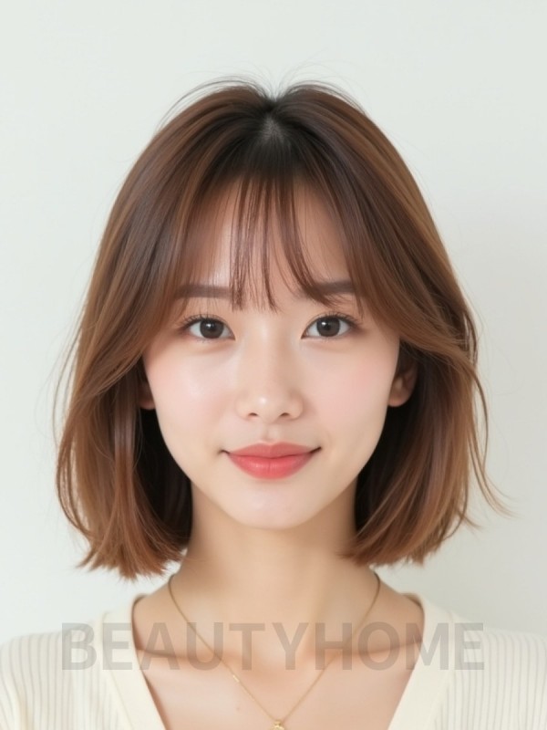 베이지 브라운 턱선 스트레이트 단발+시스루뱅