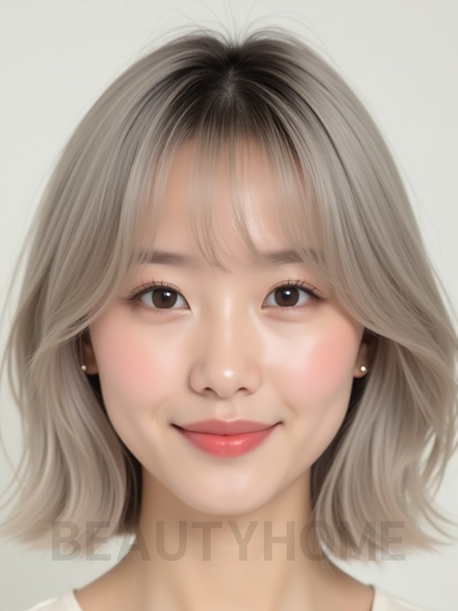 애쉬 블론드 턱밑 그라데이션 단발+커튼뱅