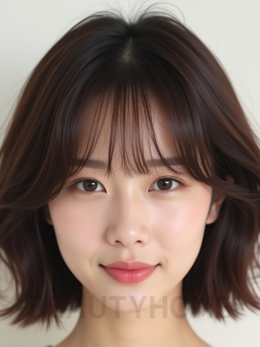 초콜릿 브라운 턱밑 텍스처 단발+커튼뱅
