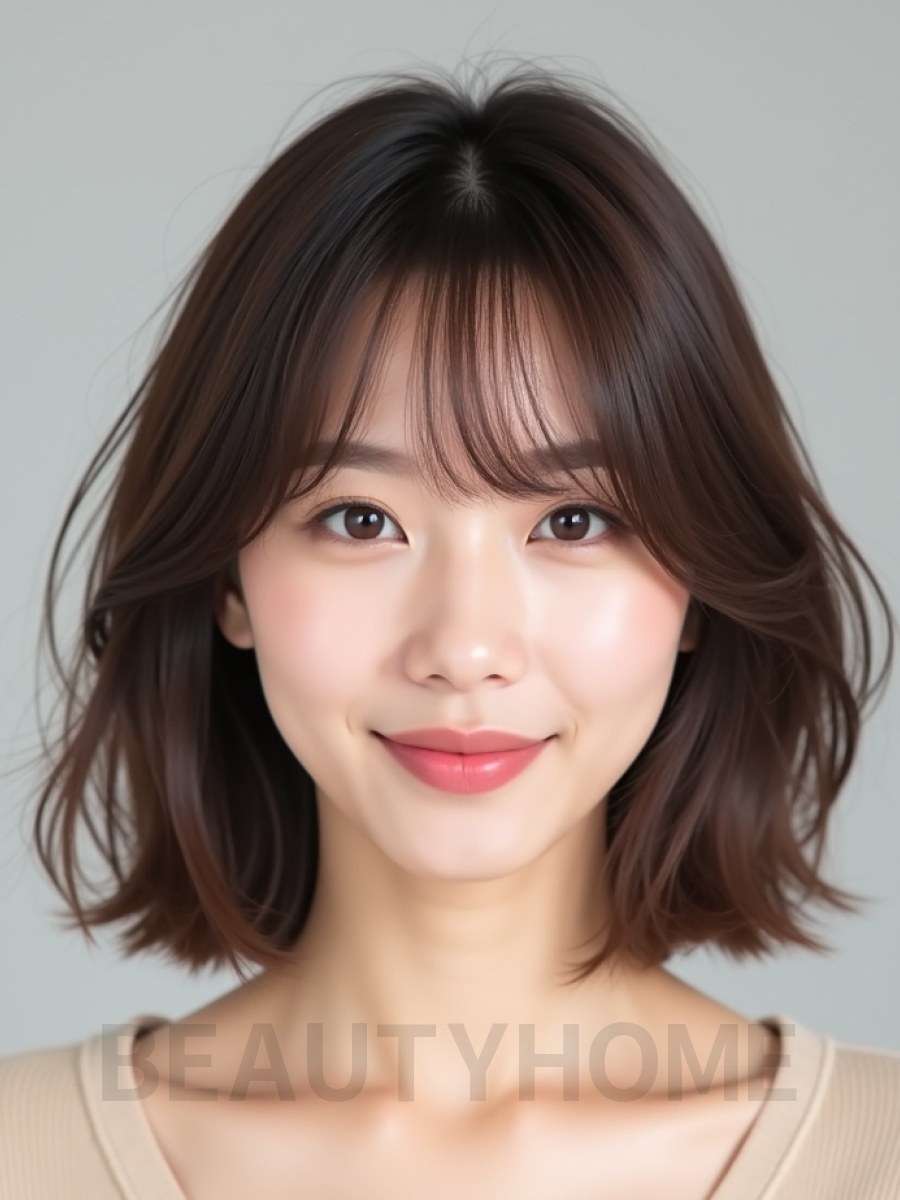 모카 브라운 쇄골 텍스처 단발+풀뱅