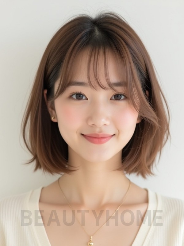 베이지 브라운 어깨 스트레이트 단발+시스루뱅