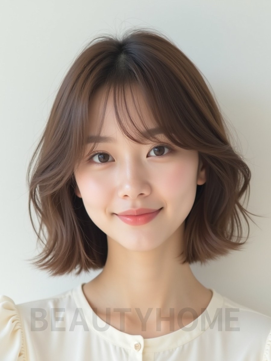 그레ige 브라운 쇄골 레이어드 단발+커튼뱅