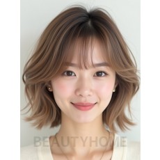 베이지 브라운 귀밑 그라데이션 단발+풀뱅