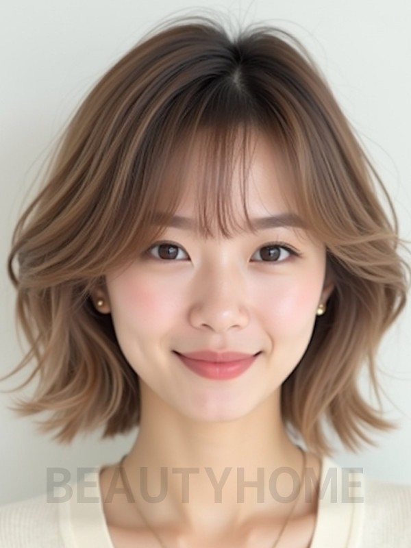 베이지 브라운 귀밑 그라데이션 단발+풀뱅