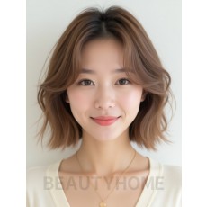 밀크티 브라운 쇄골 비대칭 단발+커튼뱅