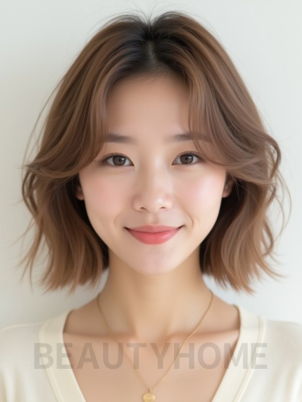 밀크티 브라운 쇄골 비대칭 단발+커튼뱅