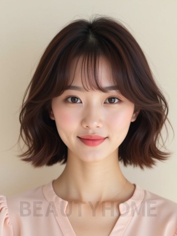 마호가니 턱밑 웨이브 단발+커튼뱅