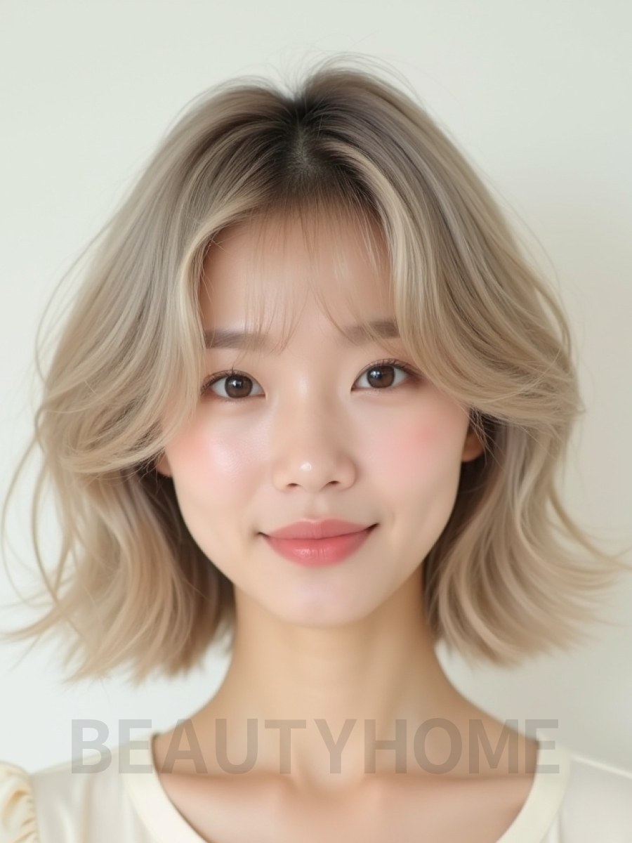 애쉬 블론드 귀밑 웨이브 단발+뱅